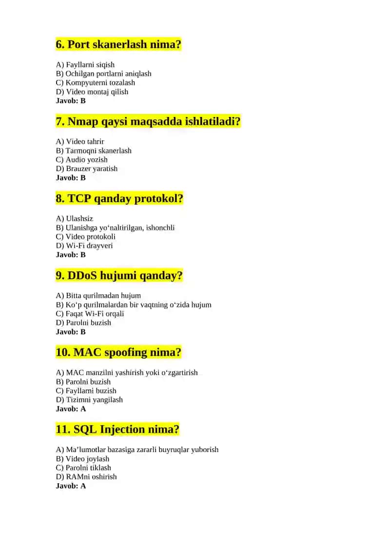 Kiberxavsizlik test savollari (javoblari) 2