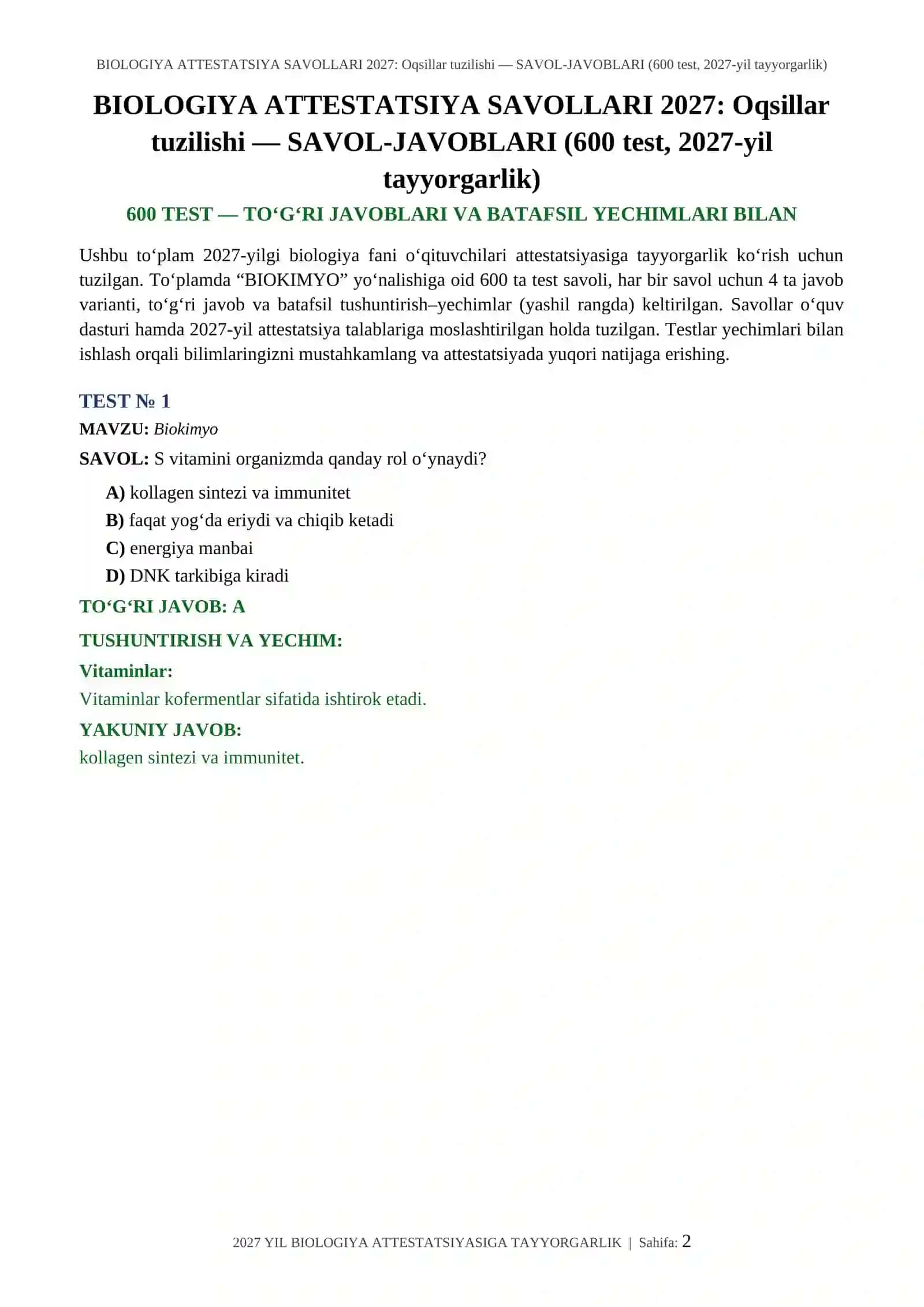 BIOLOGIYA ATTESTATSIYA SAVOLLARI 2027: Oqsillar tuzilishi — SAVOL-JAVOBLARI (600 test, 2027-yil tayyorgarlik) 2