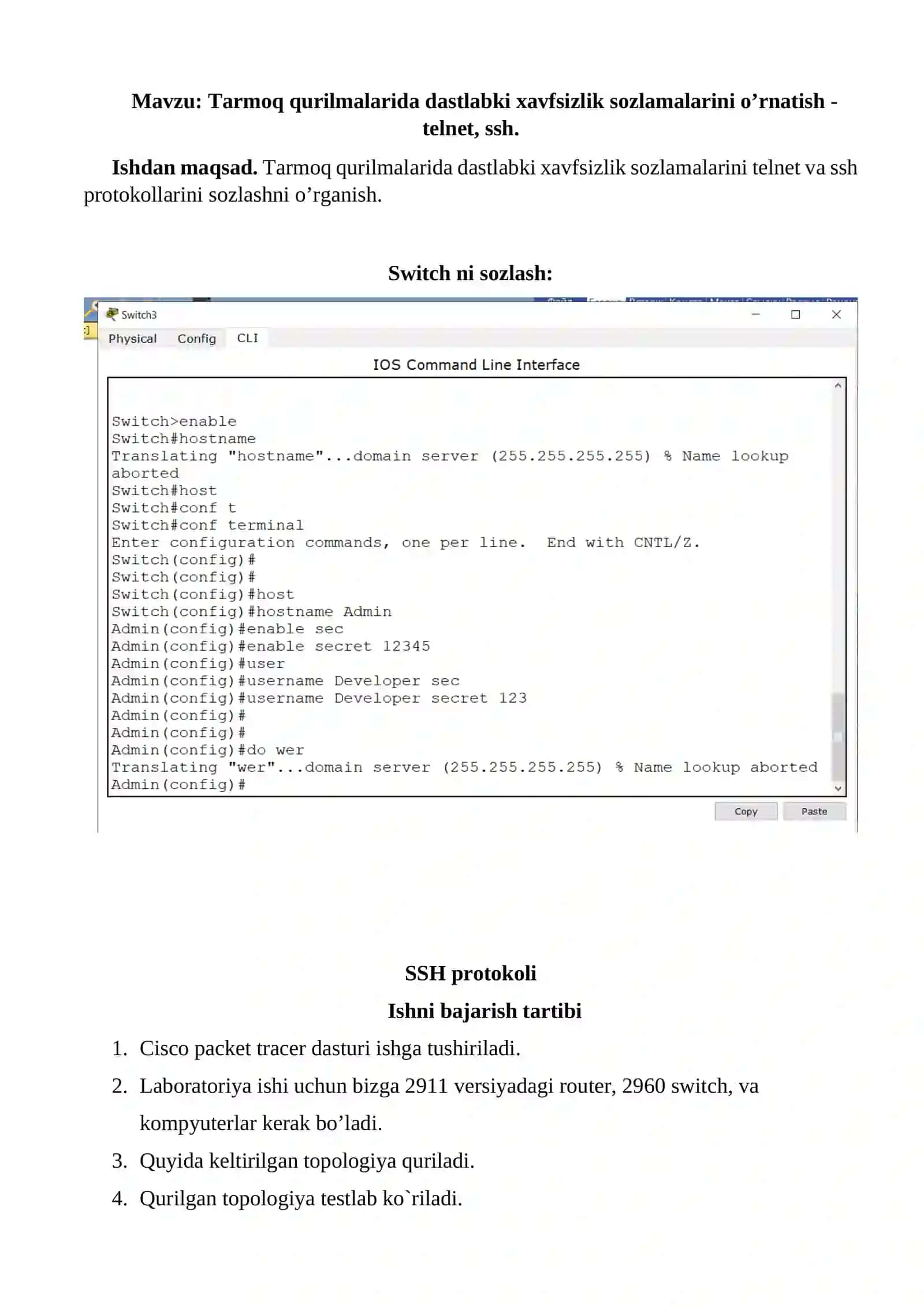 Tarmoq qurilmalarida dastlabki xavfsizlik sozlamalarini o'rnatish - telnet, ssh 2
