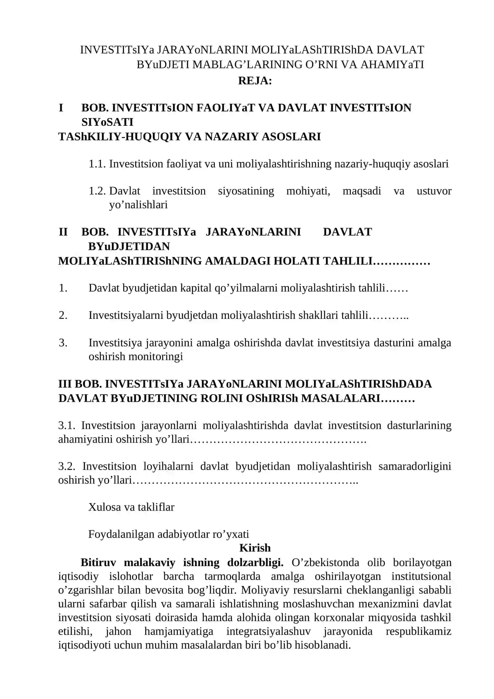 INVESTITsIYa JARAYoNLARINI MOLIYaLAShTIRIShDA DAVLAT BYuDJETI MABLAG’LARINING O’RNI VA AHAMIYaTI 2