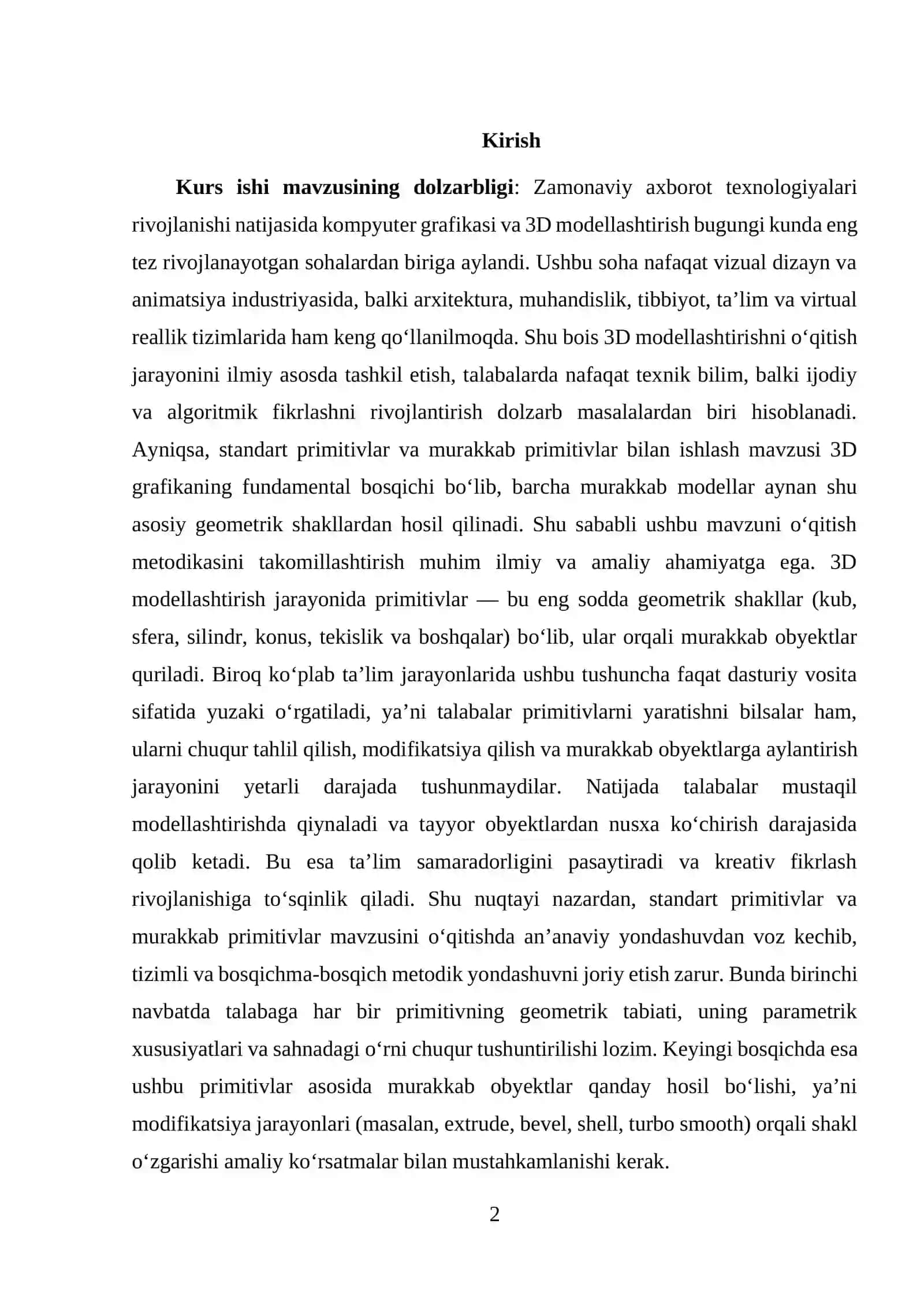 Standart primitivlar. Murakkab primitivlar mavzusini takomillashtirishning o‘qitish metodikasi. 2