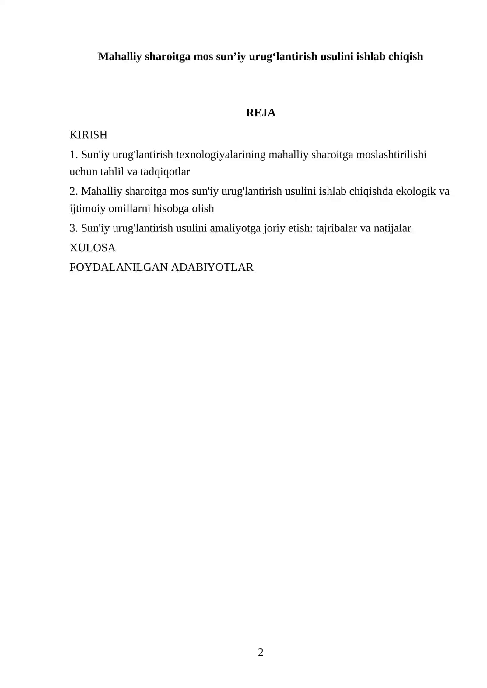 Mahalliy sharoitga mos suni'iy urug'lantirish usulini ishlab chiqish 2
