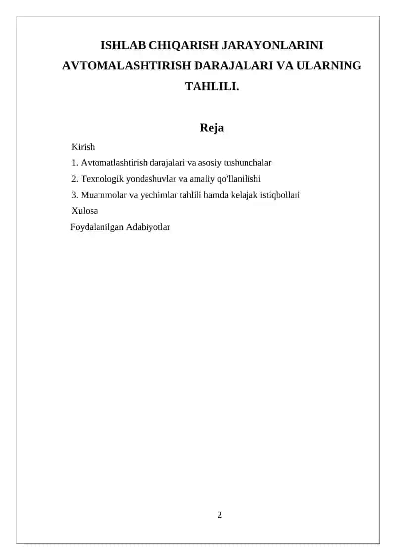 Ishlab chiqarish jarayonlarini avtomalashtirish darajalari va ularning tahlili 2