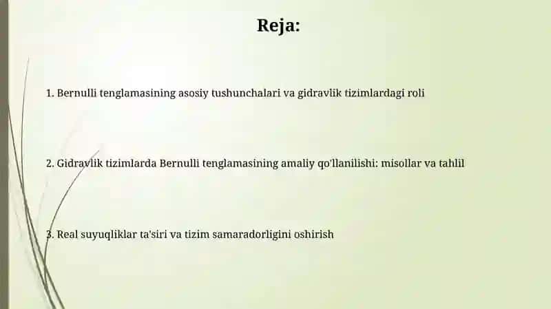 Bernulli tenglamasining gidravlik tizimlarda amaliy qo’lanilishi 2