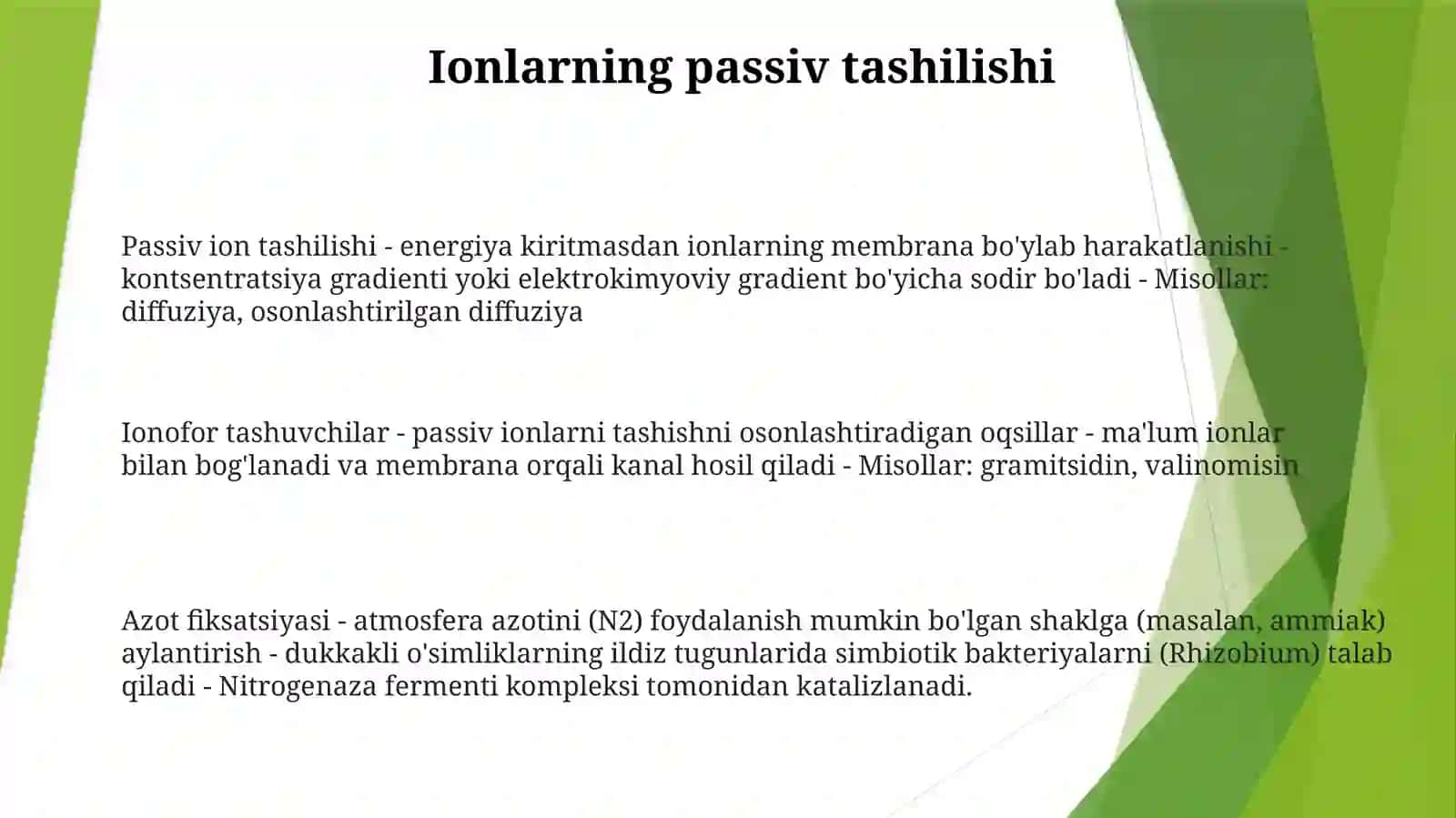 Ionlarning Passiv Va Faol Tashiluvi Molekulyar Azotning Simbiotik Fiksatsiyasi Hujayra Strukturalari Va Fermentlar Tizimining Hosil Bo`Lishida FosforliBirikmalarningIshtiroki 2