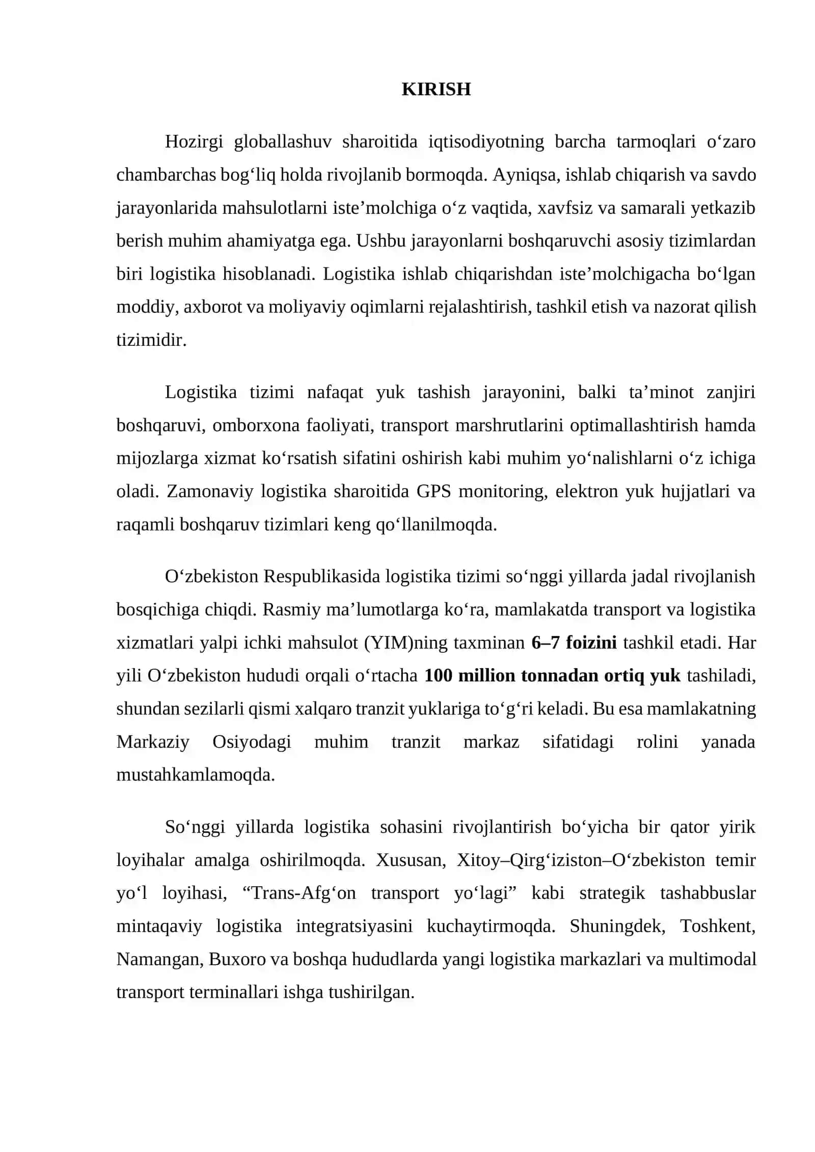 LOGISTIKA TIZIMINING NAZARIY ASOSLARI VA O‘ZBEKISTONDA LOGISTIKA SOHASINING RIVOJLANISHI 2