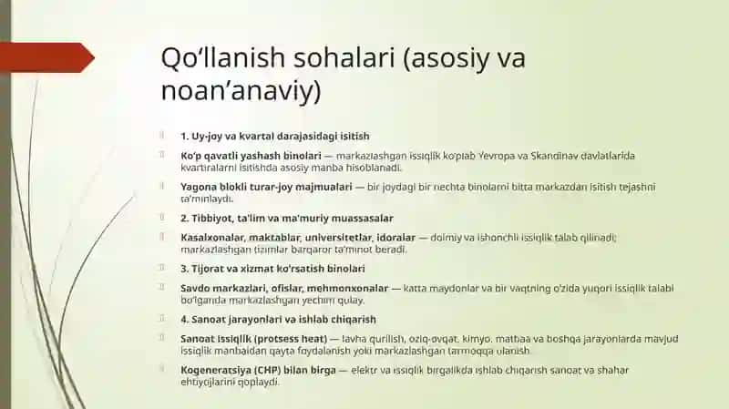 Markazlashgan issiqlik ta'minoti tizimining qo'llanish soxasi 2