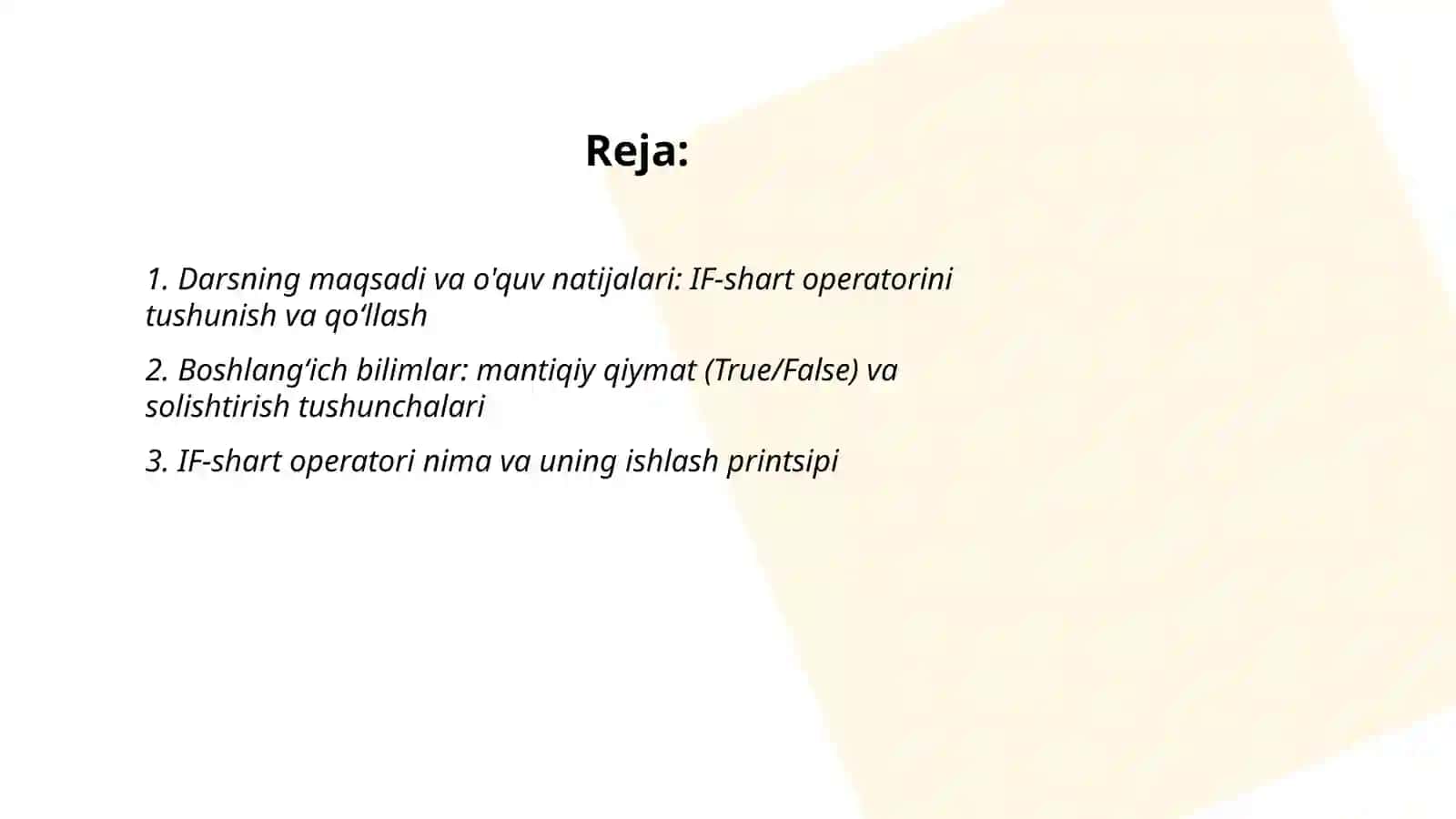 IF-shart operatori bilan tanishish mavzusida 6-sinf texnologiya fanidan ochiq dars ishlanma 2
