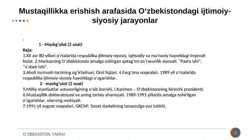 Mustaqillikka erishish arafasida O‘zbekistondagi ijtimoiy-siyosiy jarayonlari 2