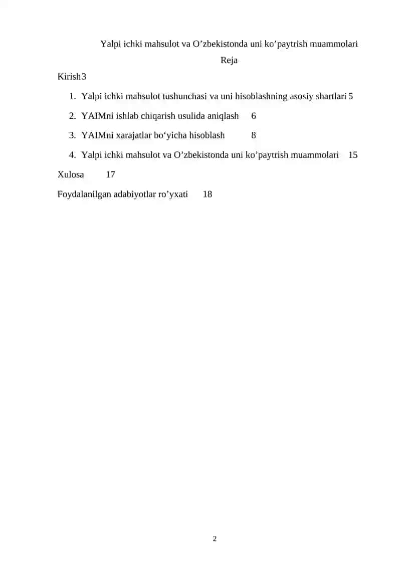 Yalpi ichki mahsulot va O’zbekistonda uni ko’paytrish muammolari 2