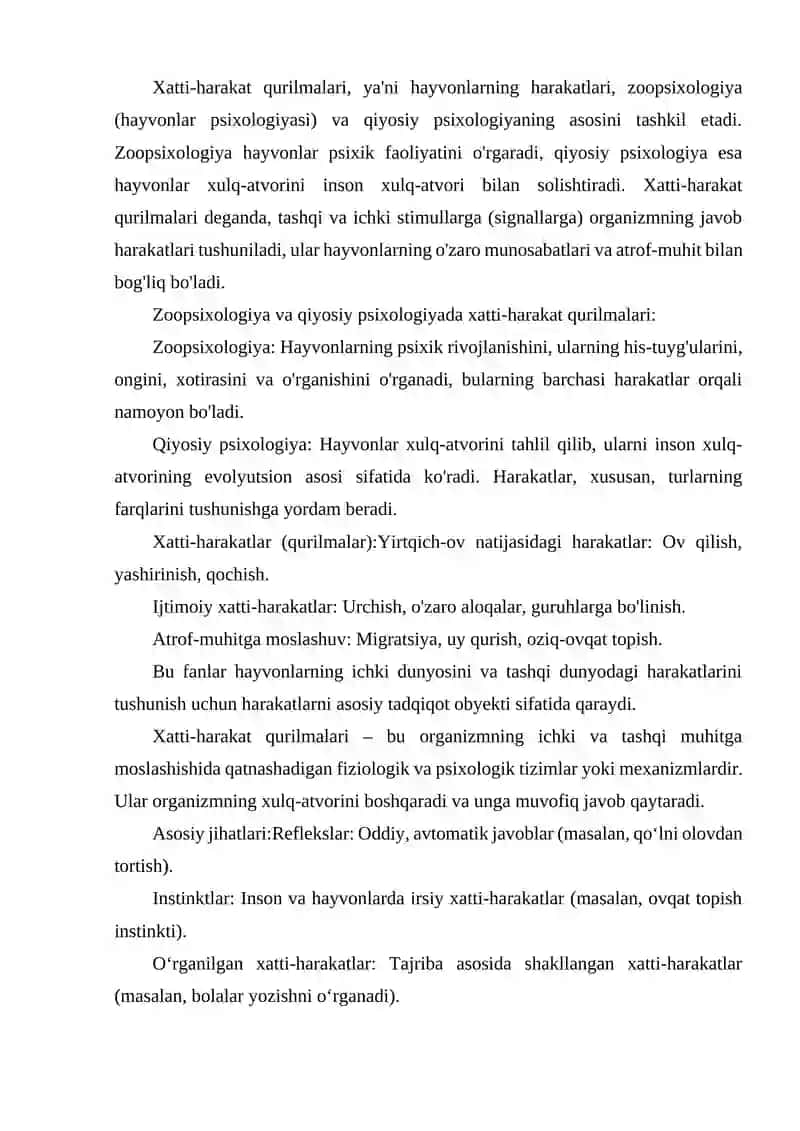 XATTI HARAKAT QURILMALARI. ZOOPSIXOLOGIYA VA QIYOSIY PSIXOLOGIYAGA KIRISH 2