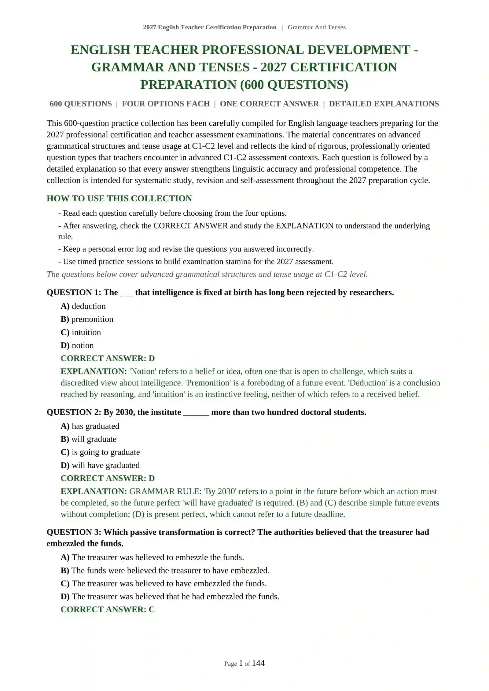 ENGLISH TEACHER PROFESSIONAL DEVELOPMENT - GRAMMAR AND TENSES - 2027 CERTIFICATION PREPARATION (600 QUESTIONS) 2