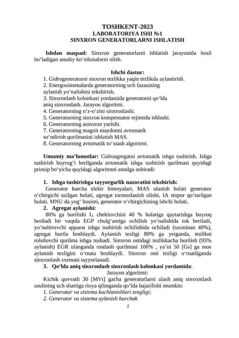 SINXRON GENERATORLARNI ISHLATISH 2