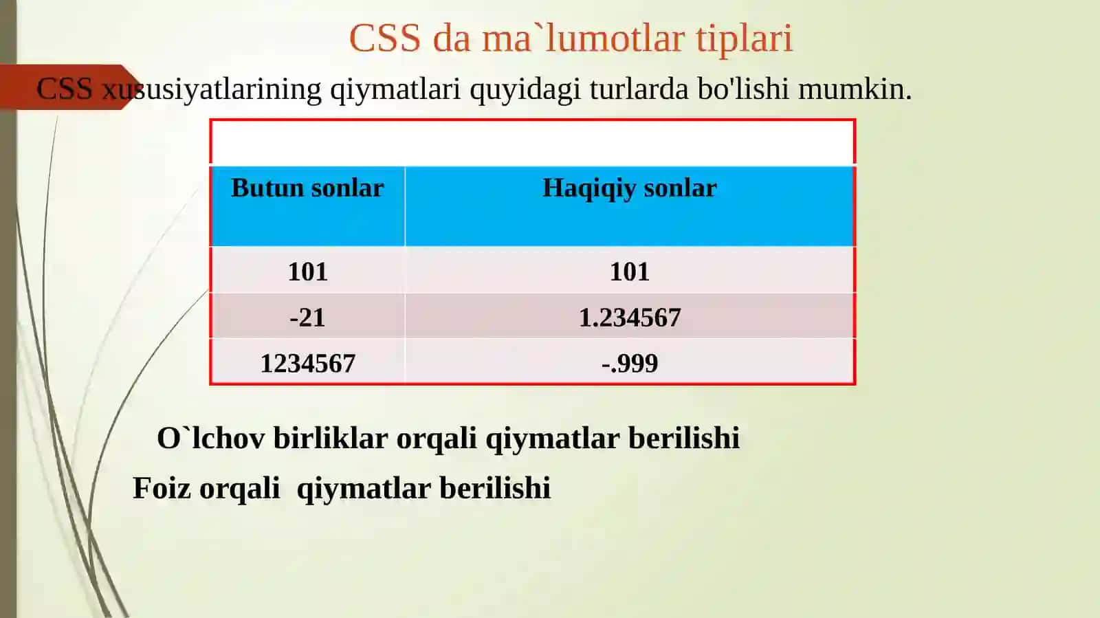 CSS da ma`lumotlar tiplari 2