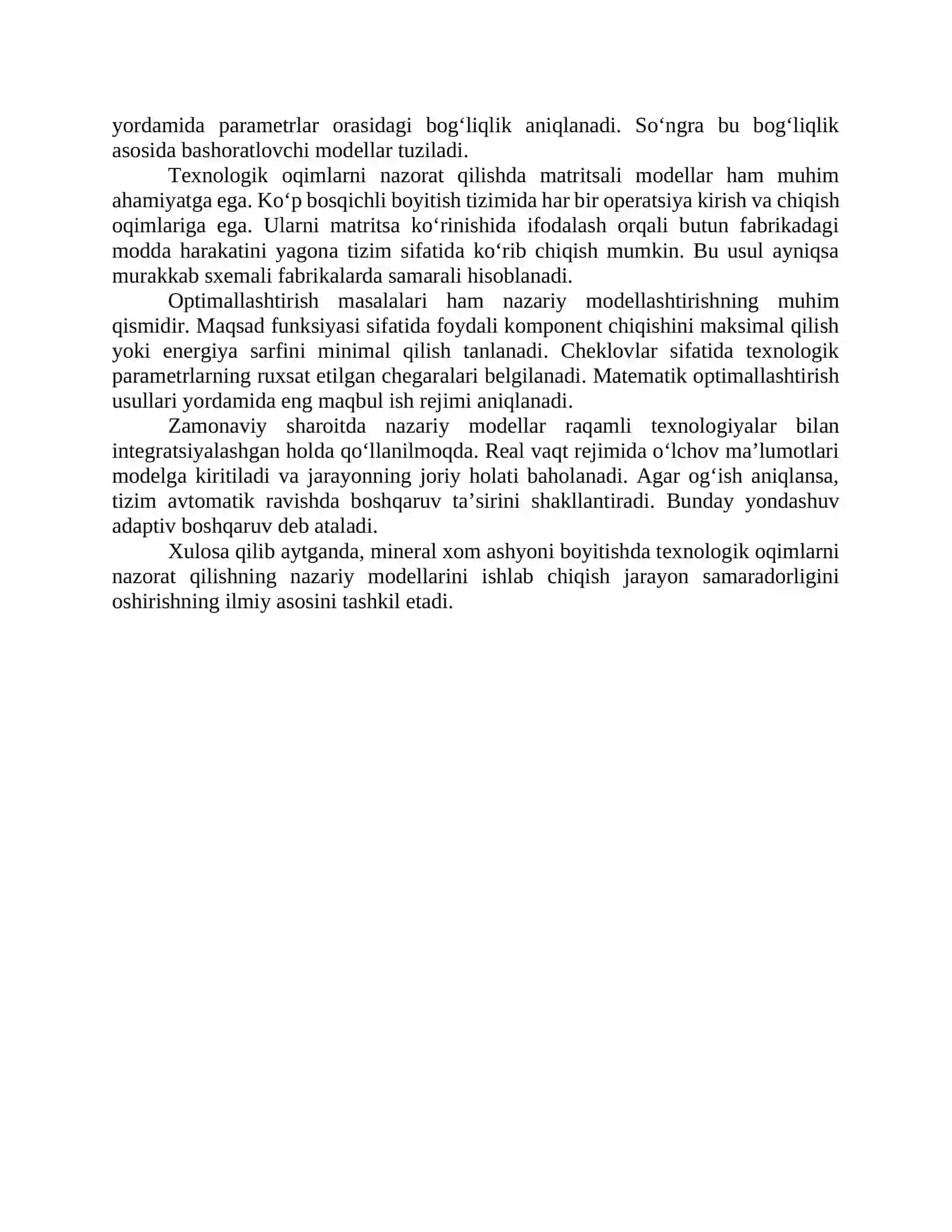 Mineral xom ashyoni boyitishda texnologik oqimlarni nazorat qilishning nazariy modellarini ishlab chiqish 2