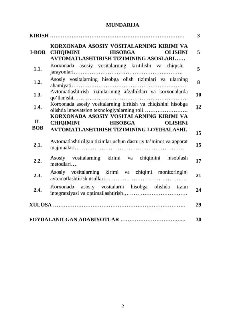 KORXONADA ASOSIY VOSITALARNING KIRIMI VA CHIQIMINI HISOBGA OLISHNI AVTOMATLASHTIRISH TIZIMINI ISHLAB CHIQISH 2