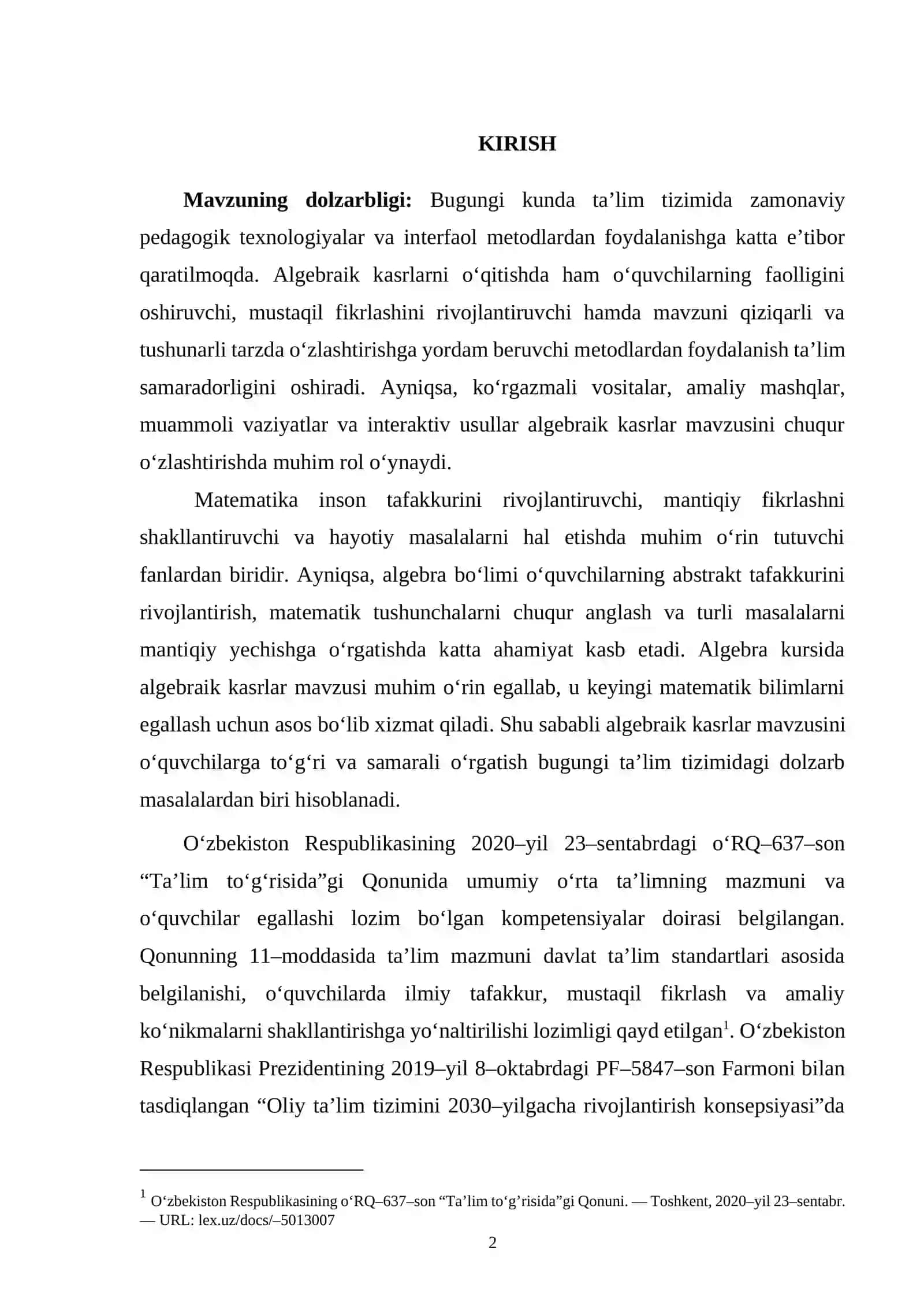 Umumta’lim maktabining 7–sinfida algebraik kasrlar va ular ustida amallarning o‘qitilishi 2