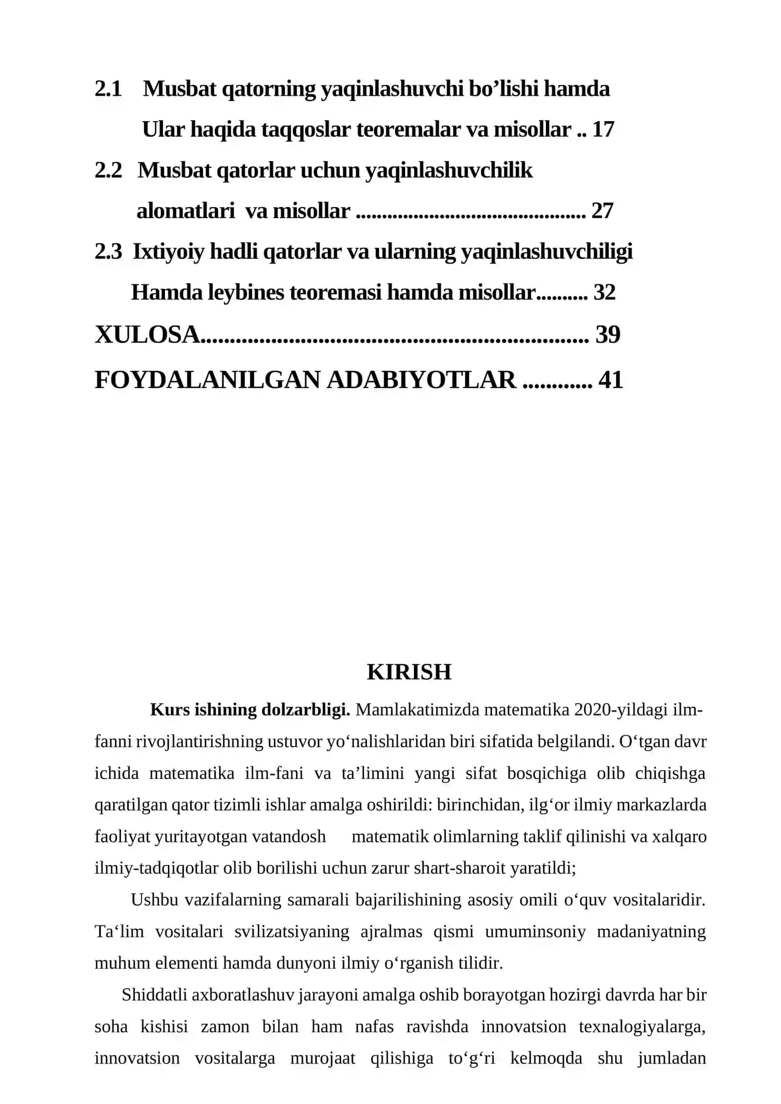 Sonli qatorlar hamda ularning yaqinlashuvchiligi hamda yaqinlashuvchiligi haqida taqqoslash teoremalari va alomatlar 2