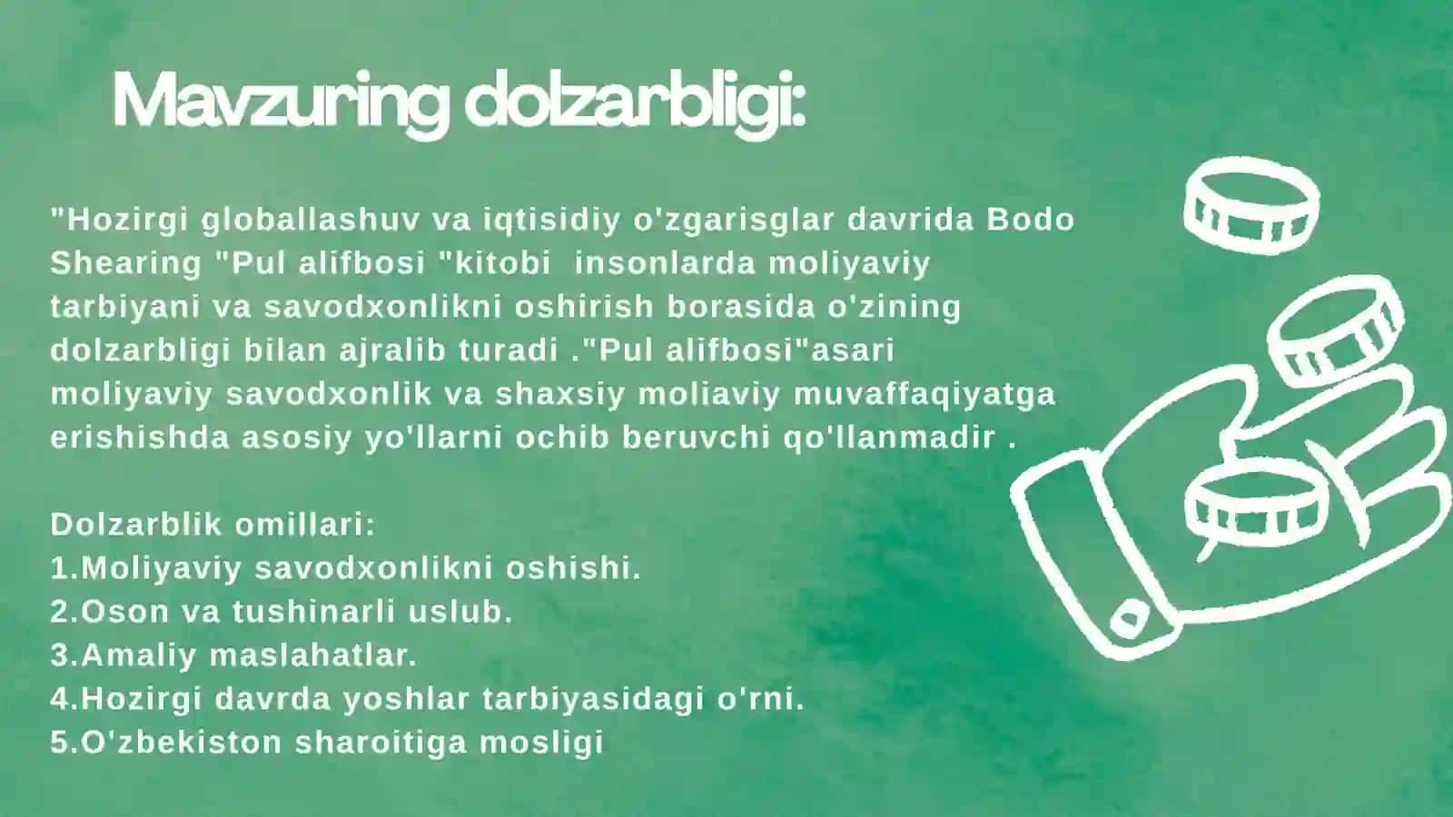 Mavzu: Bodo Sheferning “Pul alifbosi” asaridagi moliyaviy tarbiyaning ahamiyati 2