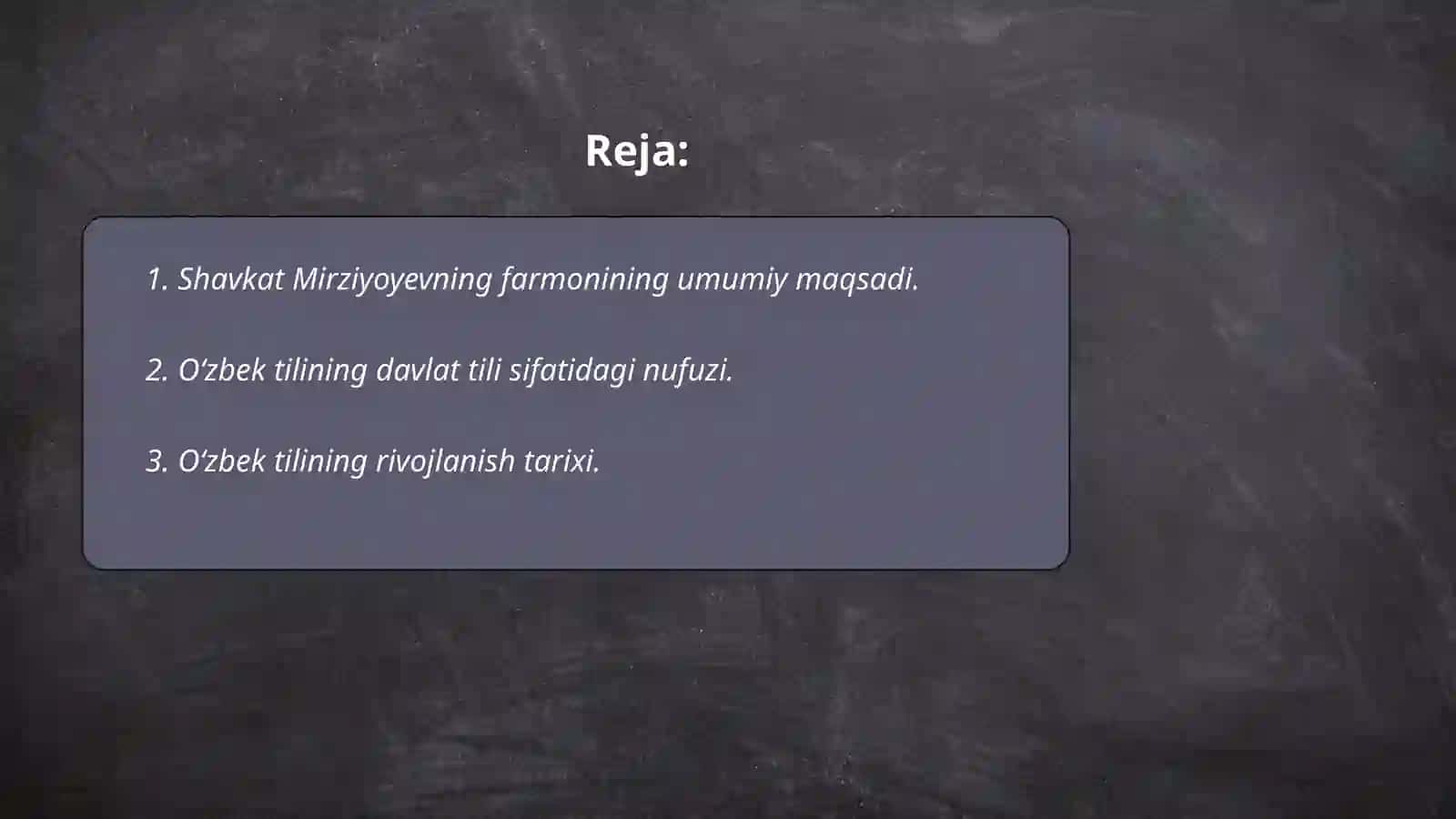 "O'zbek tilining davlat tili sifatidagi nufuzi va mavqeyini tubdan oshirish chora tadbirlari toʻgʻrisida"gi Farmoni 2