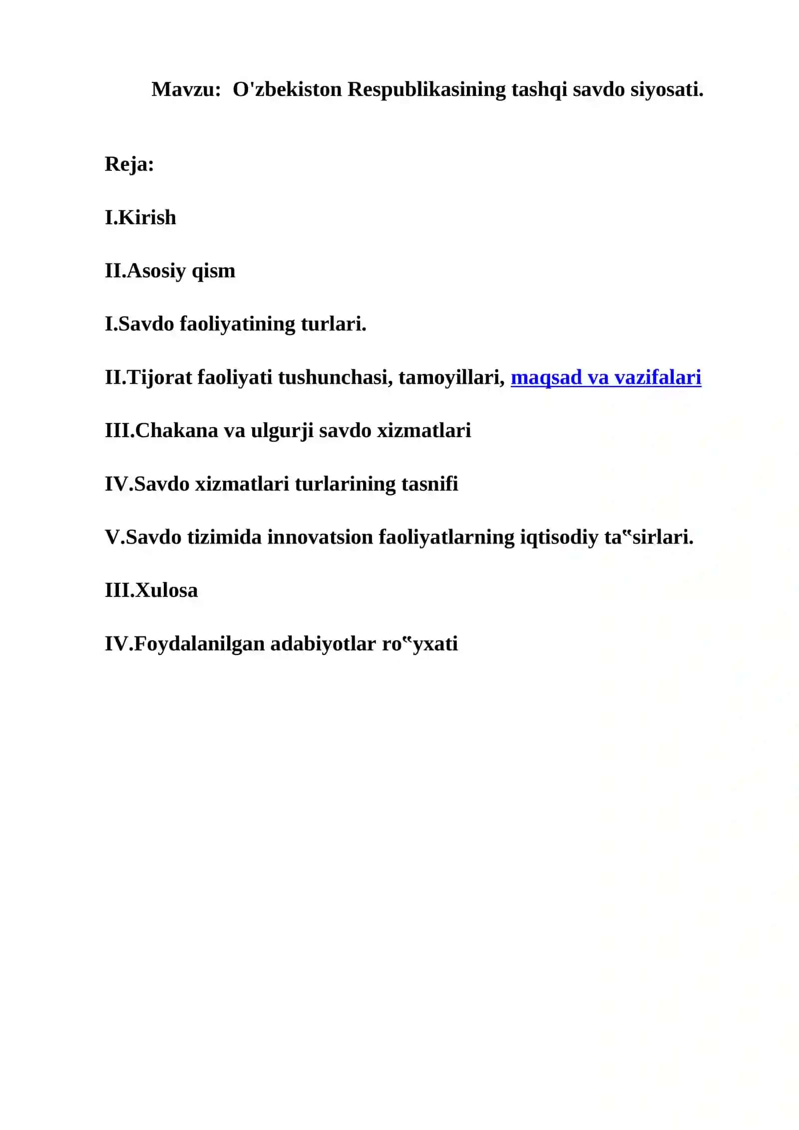O'zbekiston Respublikasining tashqi savdo siyosati 2