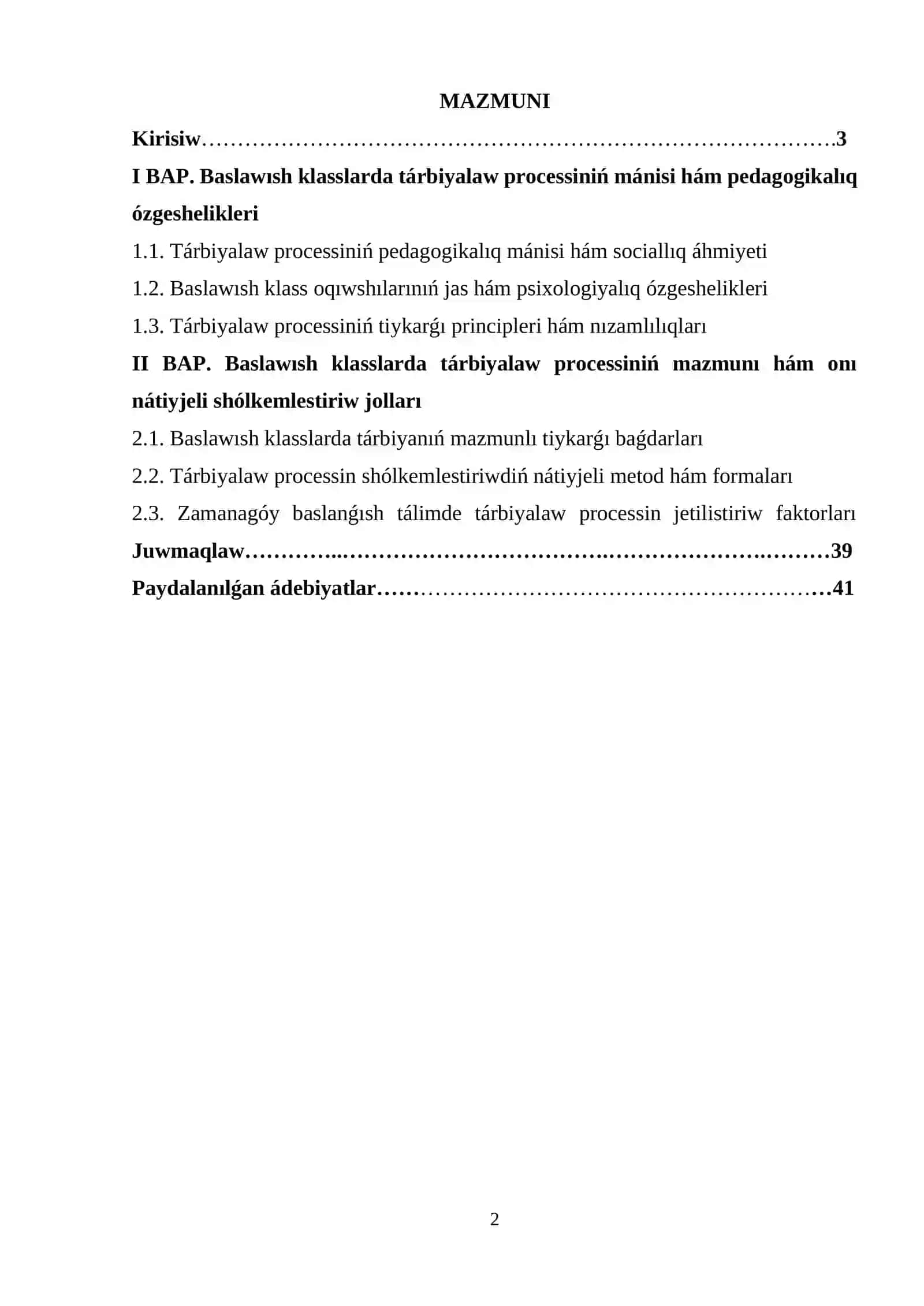 Baslawısh klaslarda tárbiya procesiniń mánisi hám mazmunı 2