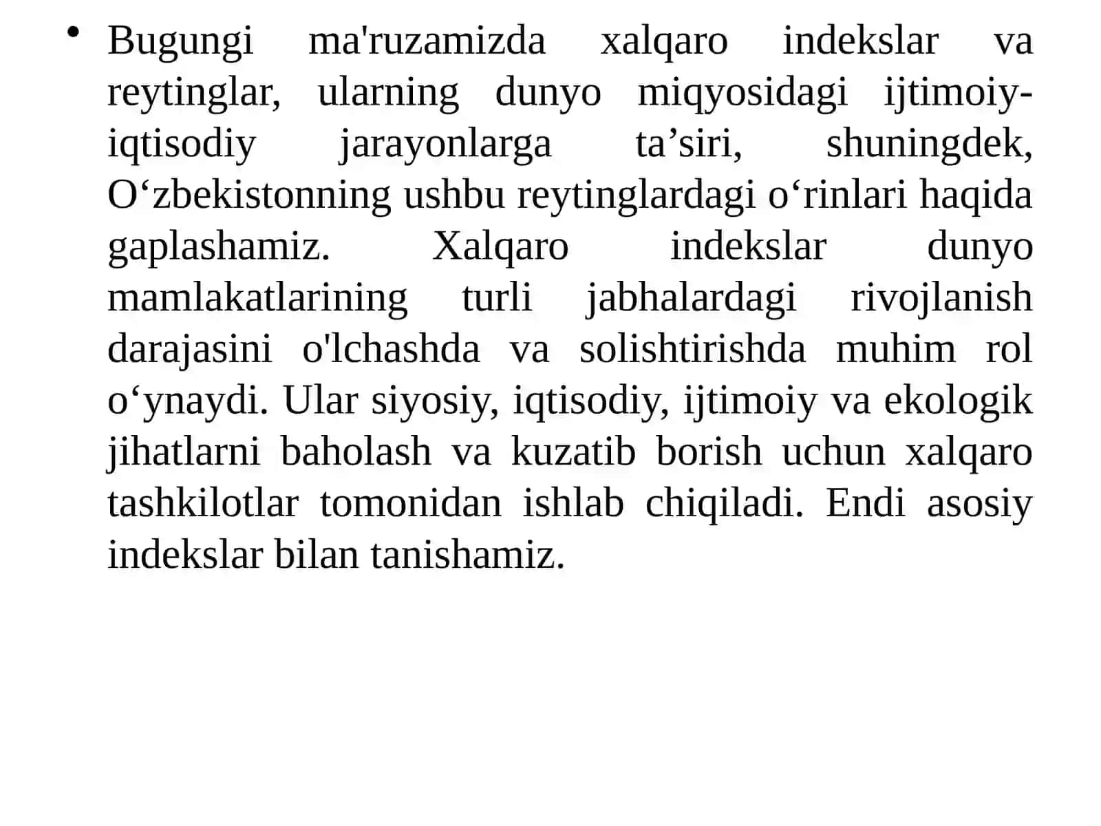 O‘ZBEKISTON RESPUBLIKASINING XALQARO REYTING VA INDEKSLARDAGI O‘RNI VA NUFUZINING ORTIB BORISHI 2
