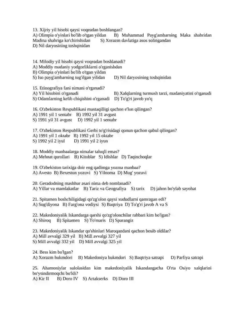 5-sinflar uchun tarix fanidan test savollari 2