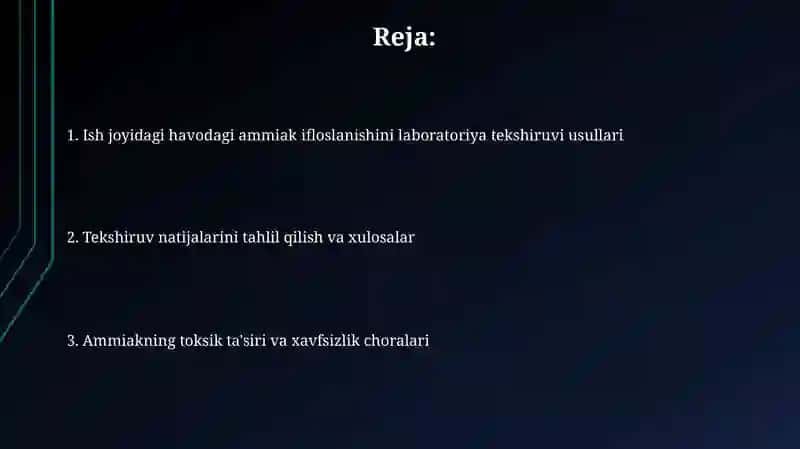 Ish joyidagi havodagi ammiak ifloslanishini laboratoriya tekshiruvi usullari 2