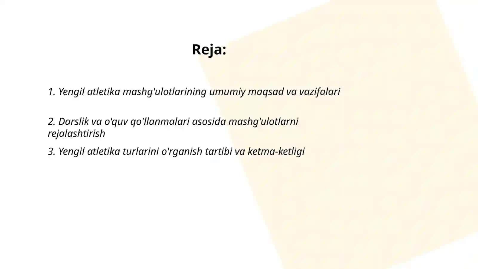Ta'lim muassasalarida yengil atletika mashg'ulotlarining tuzilishi, mazmuni hamda tayyorgarlik komponentlari 2