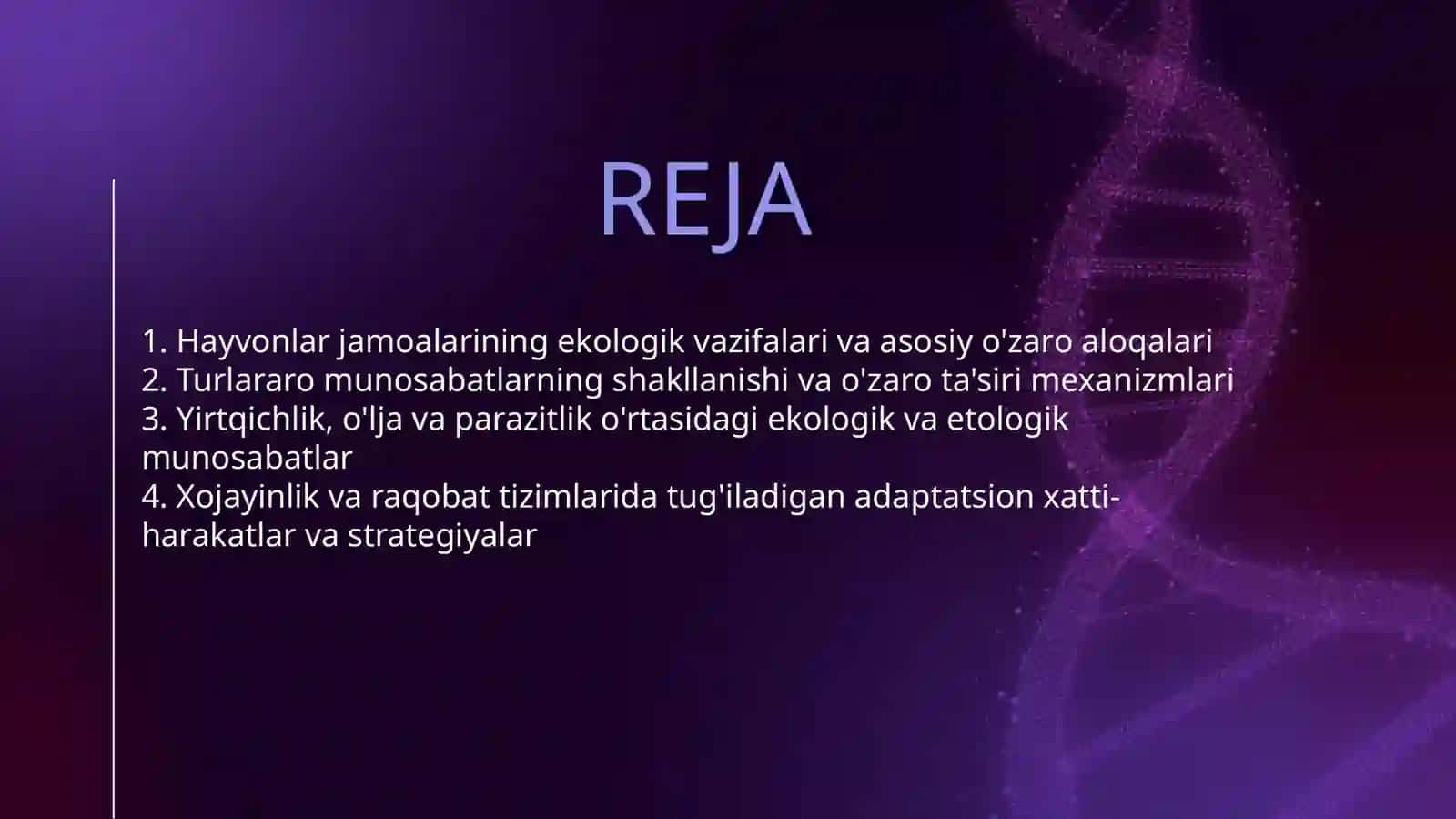HAYVONLAR JAMOALARINING O'ZARO MUNOSABATI. TURLARARO MUNOSABATLAR VA ULARNING ETOLOGIYASI.YIRTQICH O'LJA PARAZIT XO'JAYIN RAQOBAT MUNOSABATLARI 2