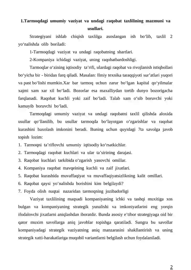 Tarmoqdagi umumiy vaziyat va undagi raqobatning taxlili 2