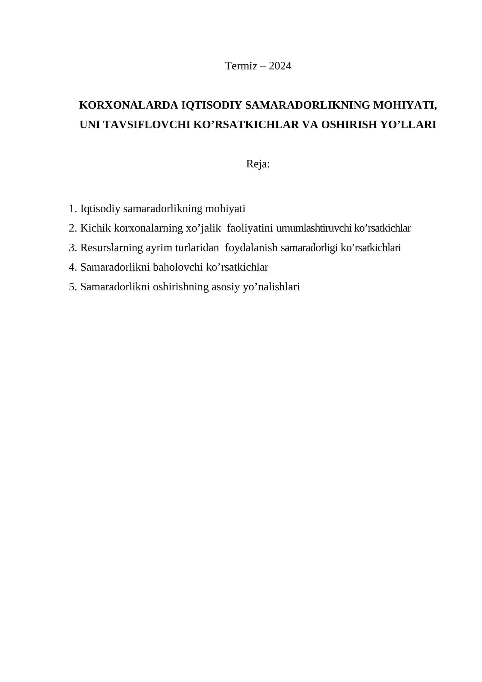 KORXONALARDA IQTISODIY SAMARADORLIKNING MOHIYATI, UNI TAVSIFLOVCHI KO’RSATKICHLAR VA OSHIRISH YO’LLARI.doc 2