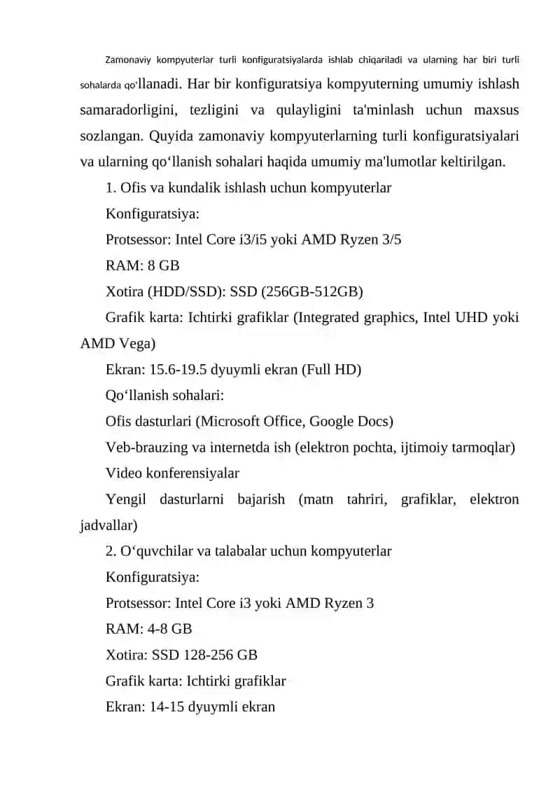 Zamonaviy kompyuterlar konfiguratsiyalar va ularning qollanish sohalar boyicha 2