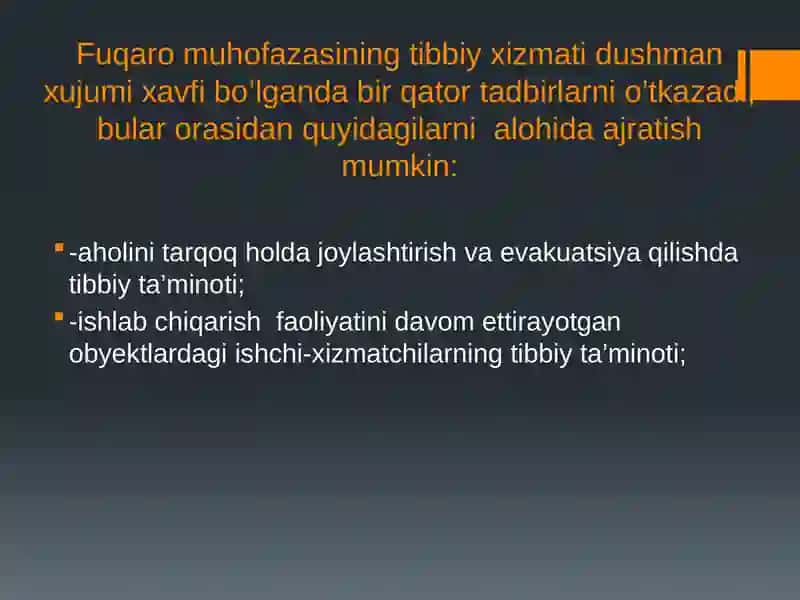 AHOLINI DUSHMАN TAJOVUZI ХАVFI PAYTIDA VA SHIKASTLANGAN AHOLINI DAVOLASH-KO’CHIRISH TIBBIY TA’MINLASH.TIBBIY MUASSASALARNI KO’CHIRISH. 2