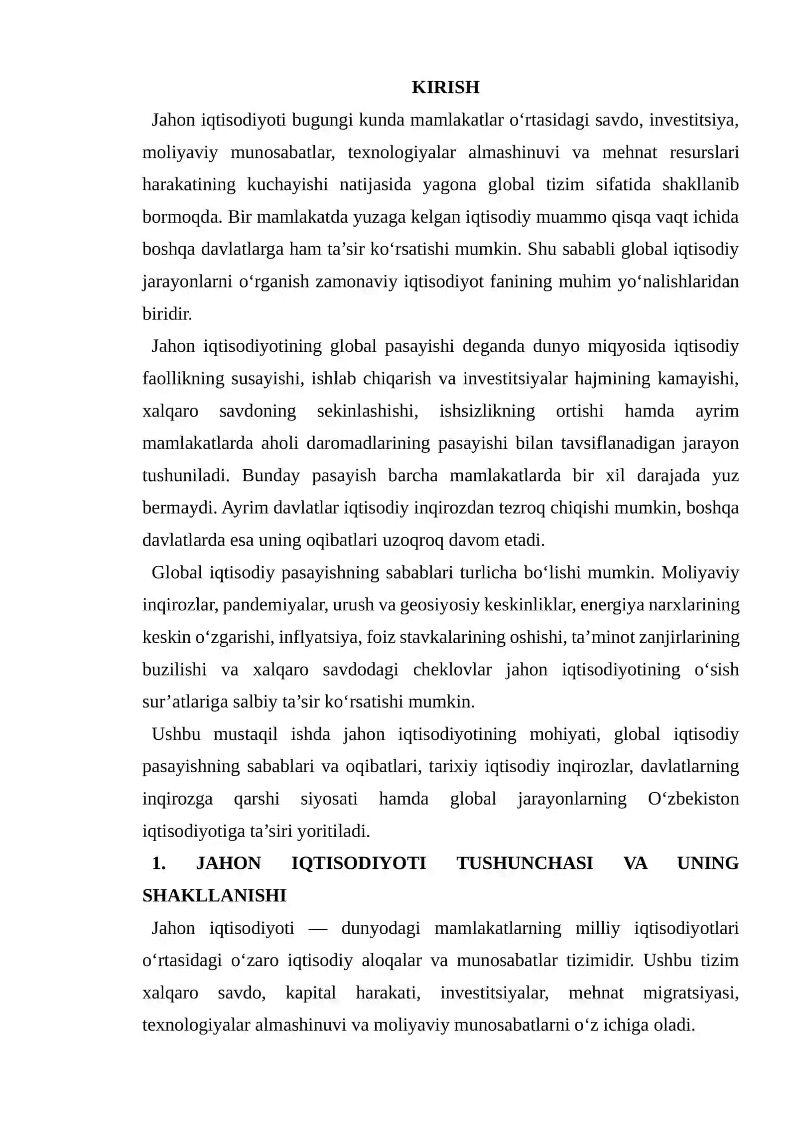 Jahon iqtisodiyotining global pasayishi va uning oqibatlari 2
