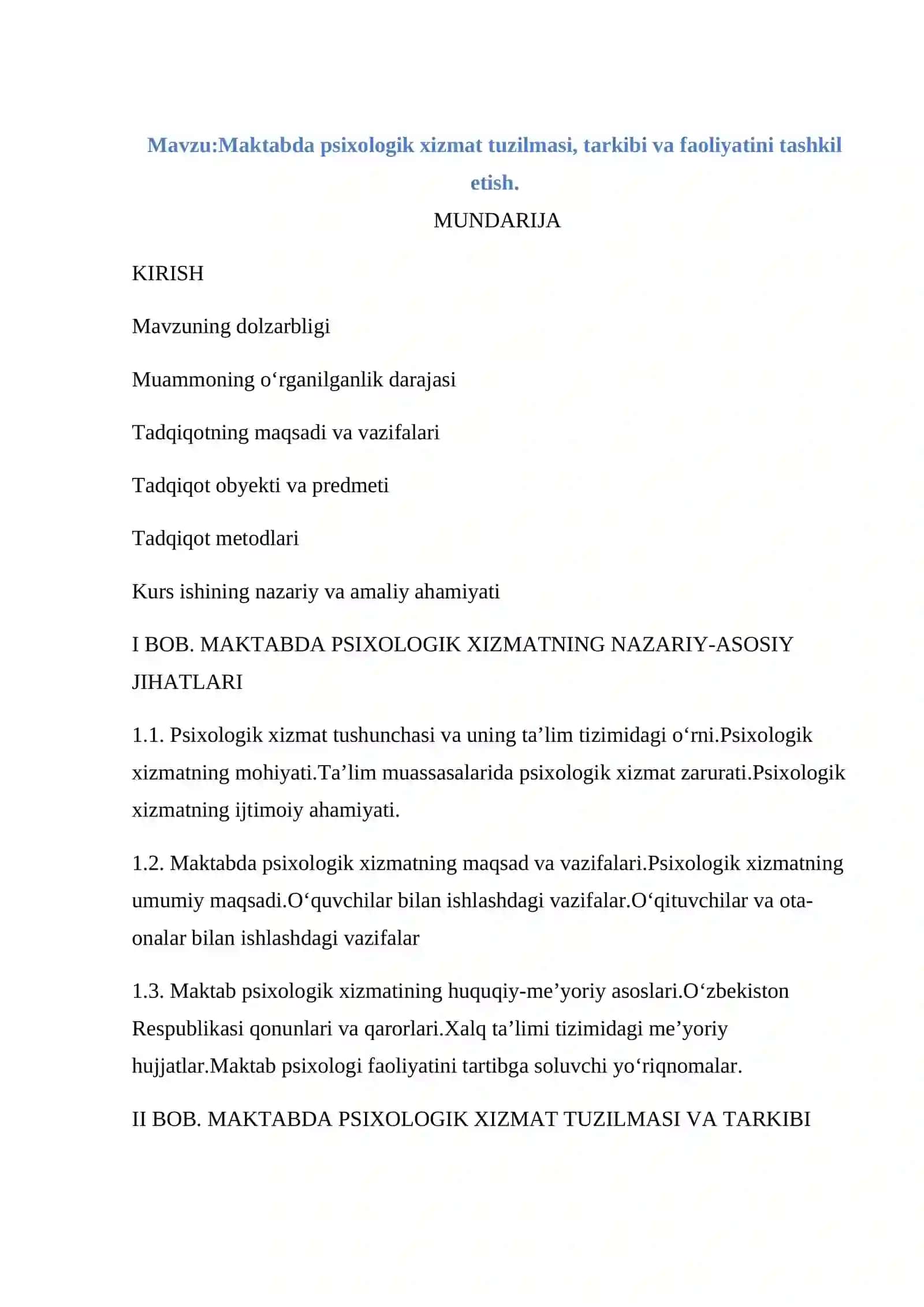 Maktabda psixologik xizmat tuzilmasi, tarkibi va faoliyatini tashkil etish 2