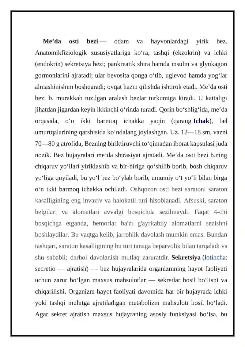 O`tkir va surunkali pankreatitlar. Me’da osti bezi shirasining tarkibi va sekretsiya jarayonining kashf etilishi 2