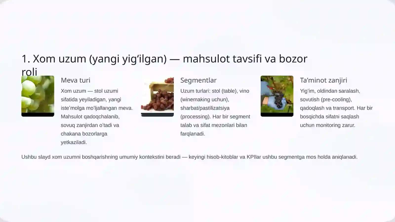 Uzum tayyorlanadigan mahsulot turlari va sifat koʻrsatkichlari 2