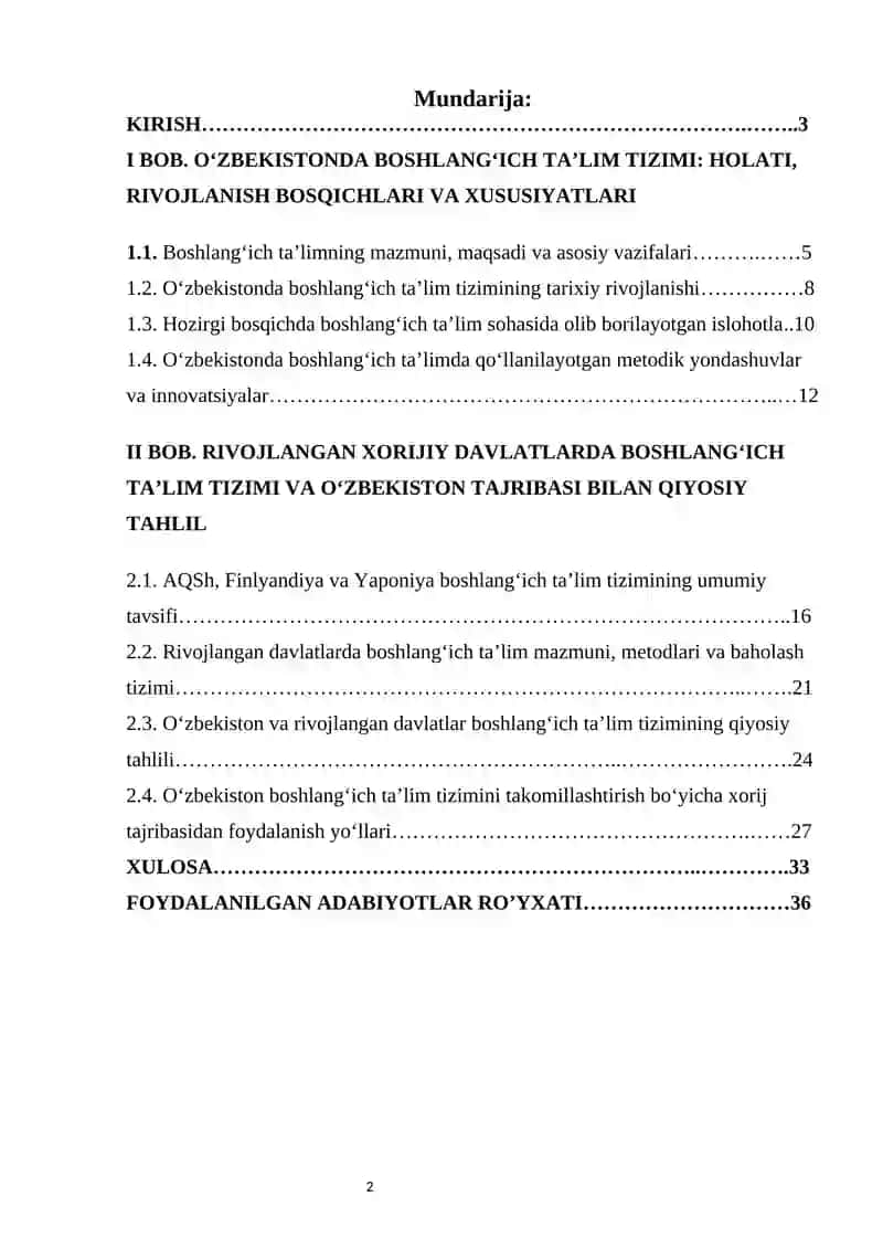 O’zbekistonda va rivojlangan horijiy davlatlarda boshlangich ta’lim tizimi va uni qiyosiy organish mazmuni 2