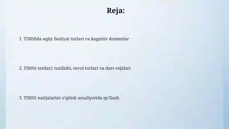 TIMSS XALQARO BAHOLASH DASTURIDA AQLIY FAOLIYAT TURLARI 2