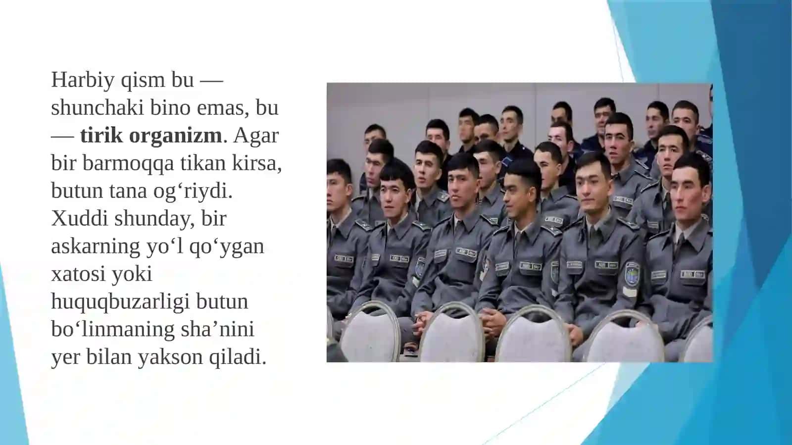 Harbiy jamoadagi sog'lom muhit, o'zaro hurmat va do'stlik-huquqbuzarlikning oldini olish omillaridir 2