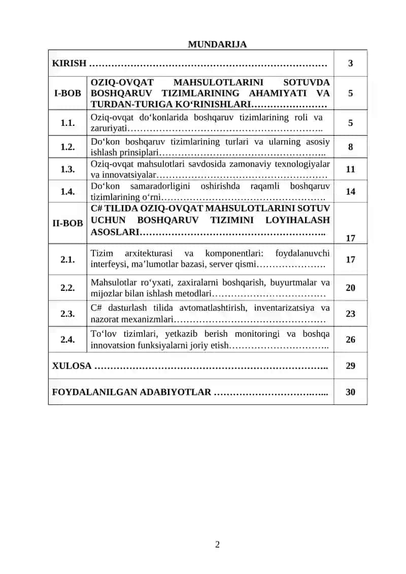 C# TILIDA OZIQ-OVQAT MAHSULOTLARINI SOTUVI UCHUN QULAY VA SAMARALI DO‘KON BOSHQARUV TIZIMINI LOYIHALASH 2