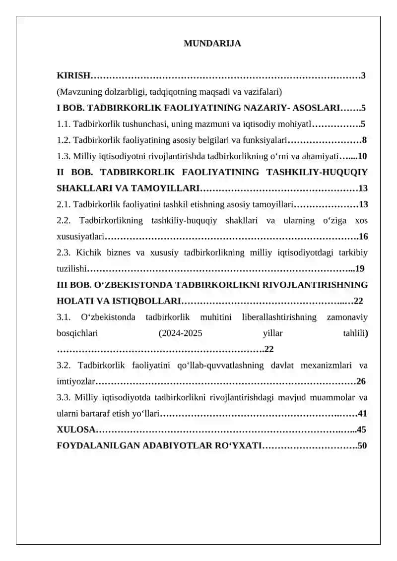 - Tags (comma-separated): Tadbirkorlik, Iqtisodiyot nazariyasi, Milliy iqtisodiyot, Kichik biznes, Xususiy tadbirkorlik, Tashkiliy-huquqiy shakllar 2