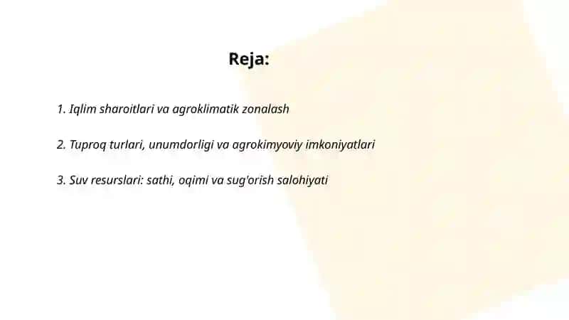 Hududlarning ishlab chiqarish salohiyatini rivojlantirish uchun tabiiy sharoitlar va tabiiy resurslar 2