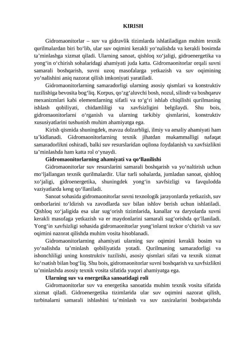 Gidromaonitorlar uning asosiy qismlari va konstruktiv tuzilishini o‘rganish. 2