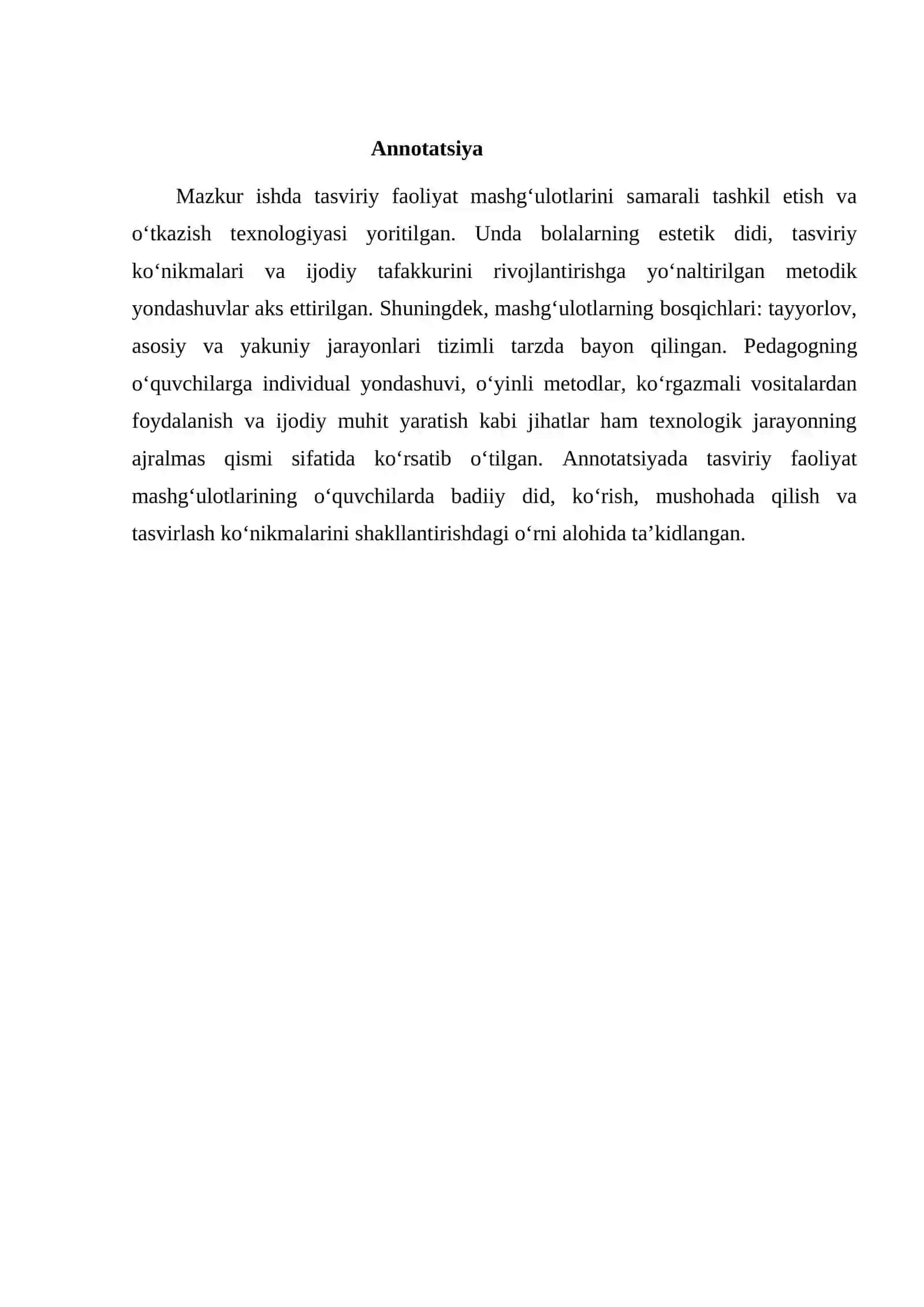 Tasviriy faoliyat mashg’ulotlarini o’tkazish texnologiyasi mavzusi buyicha tayyor loyiha ishi 2