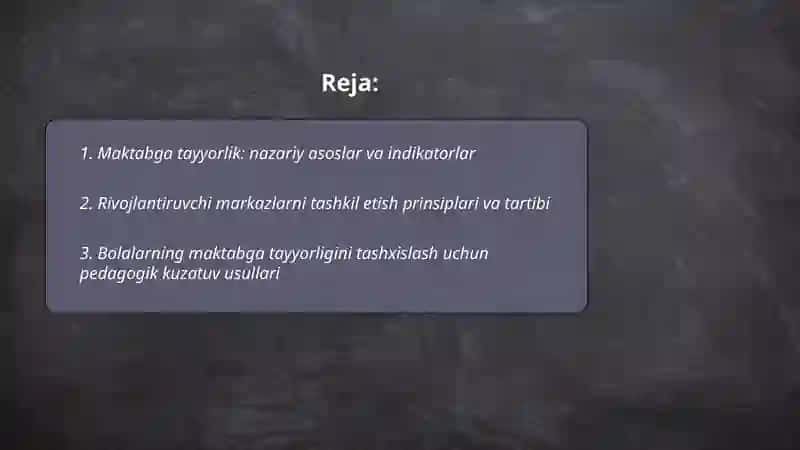 Rivojlantiruvchi markazlarni tashkil qilish texnologiyasi bolalarning maktabga tayyorligini tashxislash usullari 2