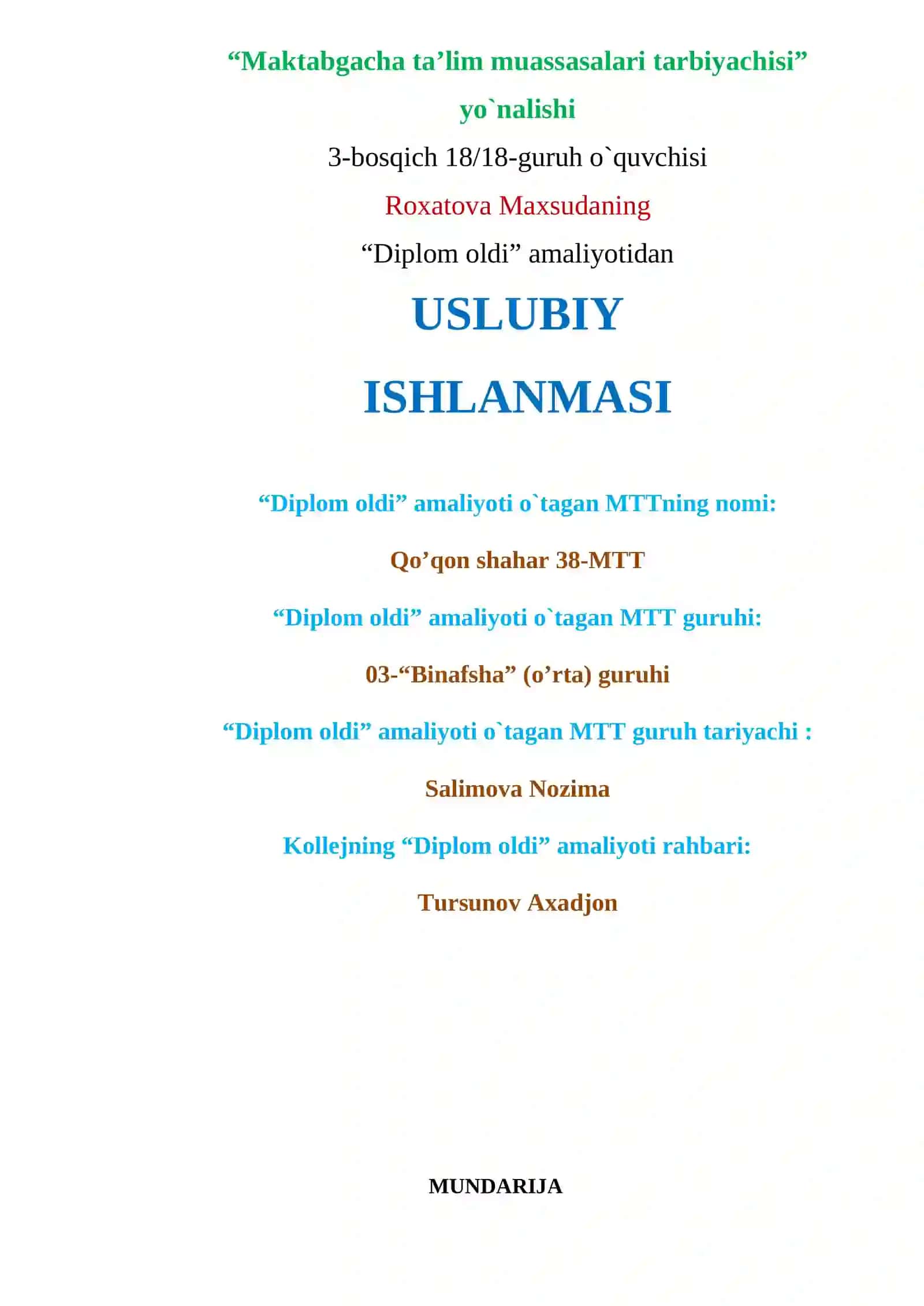 DIPLOM OLDI AMALIYOTIDAN USLUBIY ISHLANMASI 2