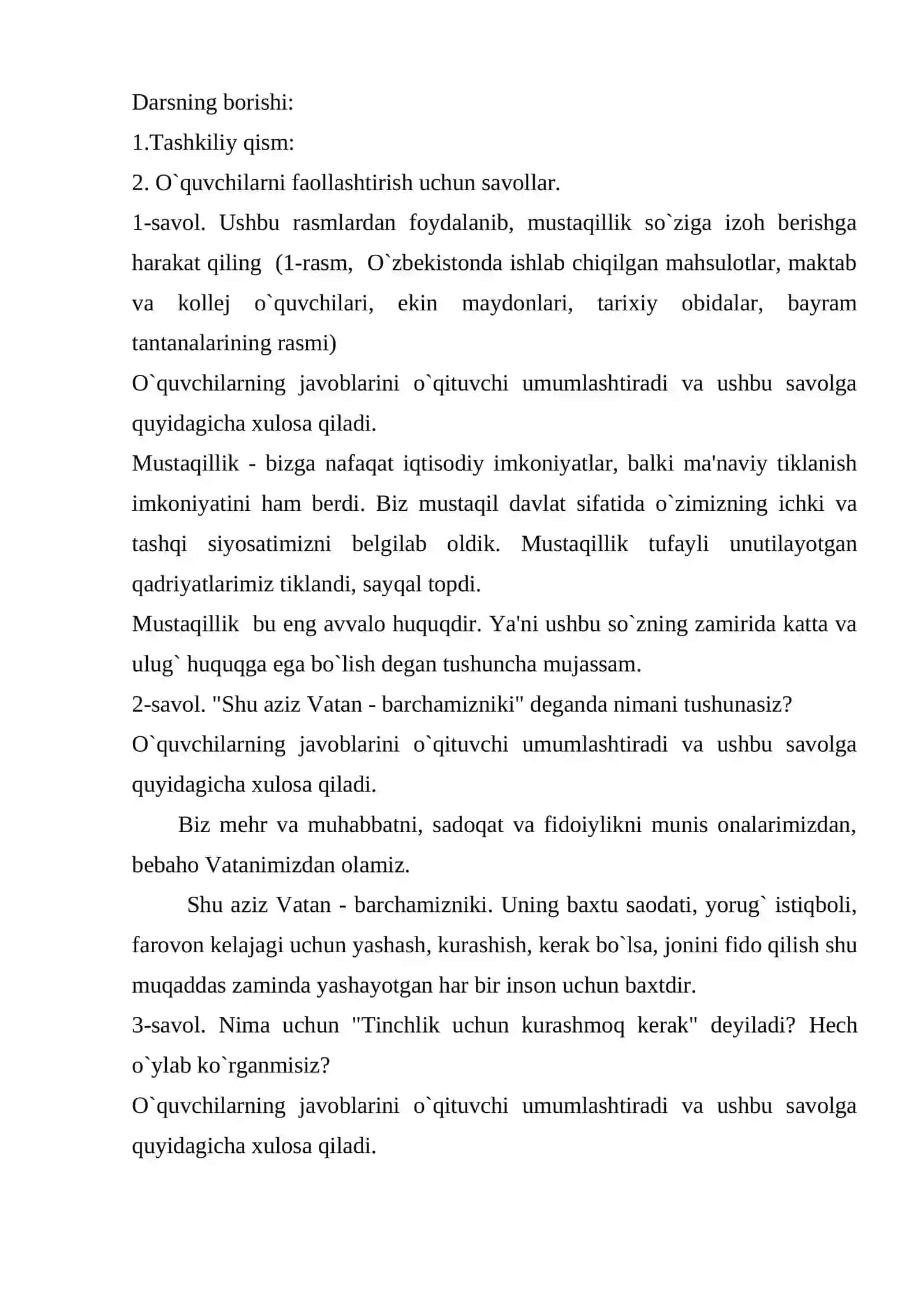"Mustaqillik darslari"ni o`tish bo`yicha 5-sinflar uchun 2